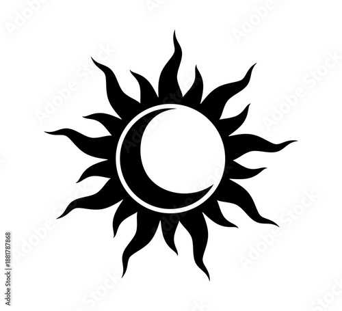 Tribal sun and moon symbol. Tattoo design. Star graphic geometric shape. Mystic black sun icon. Traditional ethnic art design element. Vector illustration isolated on white background.