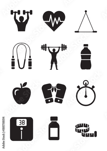 Black and white fitness including dumbbells boxing gloves and fruit