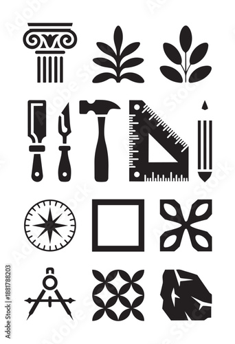Black and white of architectural and drafting tools and symbols architecture