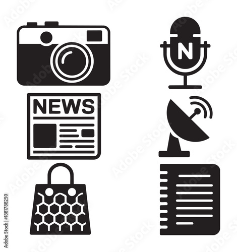 Black and white of camera news newspaper shopping bag microphone and satellite dish