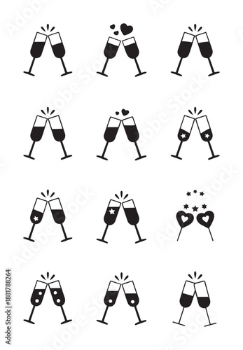 Black and white of champagne glasses clinking with hearts and stars