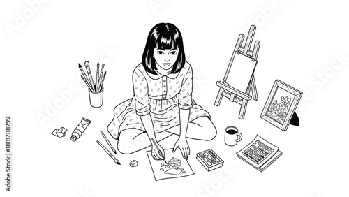 Young artist diligently sketches creative design around surrounded by art supplies and inspiration