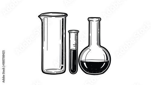 Scientific glassware including beaker test tube and flask for laboratory experiments and chemical