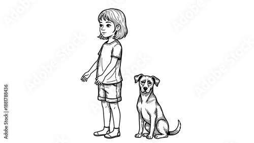 A charming illustration of a young child and their loyal canine companion standing side by side