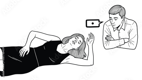 Disconnected conversation and emotional distance depicted in stark black and white illustration