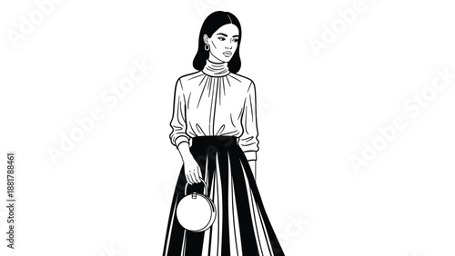 Elegant illustration of a woman in a high-necked blouse and flowing skirt carrying a circular purse