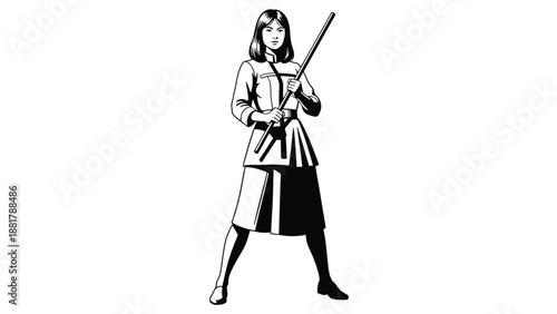 Stylized black and white depiction of a determined female martial artist wielding a bo staff