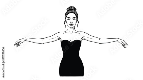 Elegant stylized illustration of a woman in a strapless gown with arms extended in a graceful pose