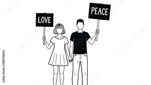 Couple holding signs promoting unity and harmony embodying peace and love for all
