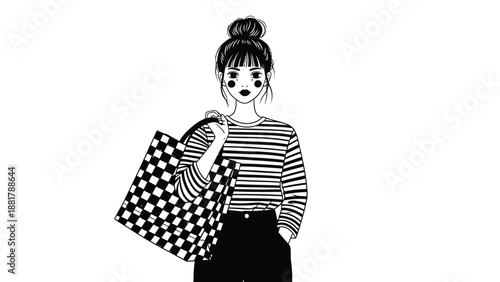 Chic monochrome illustration of a stylized woman carrying a checkered bag with a top knot hairstyle
