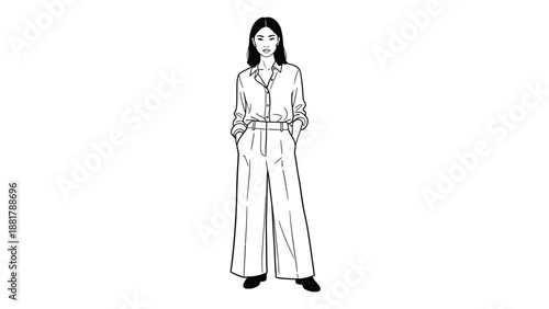 Elegant illustration of a woman in wide-leg trousers and a button-down shirt poised confidently