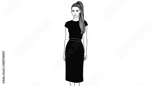 Striking monochrome illustration of a young woman in a stylish black dress and high ponytail