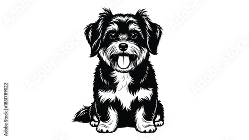 Joyful Hairy Pooch Poses with Open Mouth and Tongue Out in Black and White Artistic Rendition