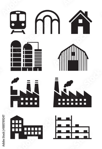 Black and white of various industrial buildings and transportation