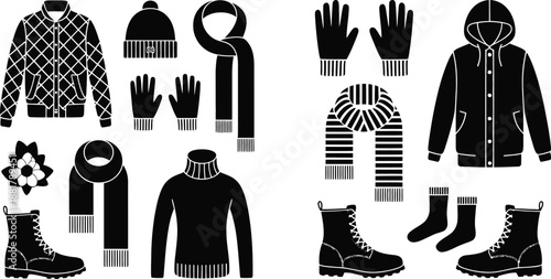 Black and white of winter clothing accessories