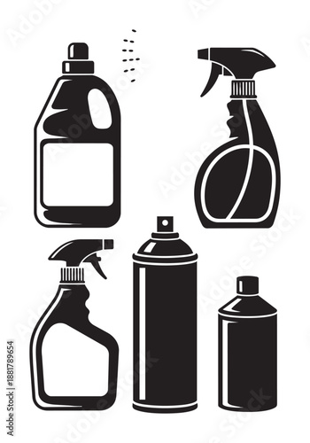 Black and white of various spray bottles and cans