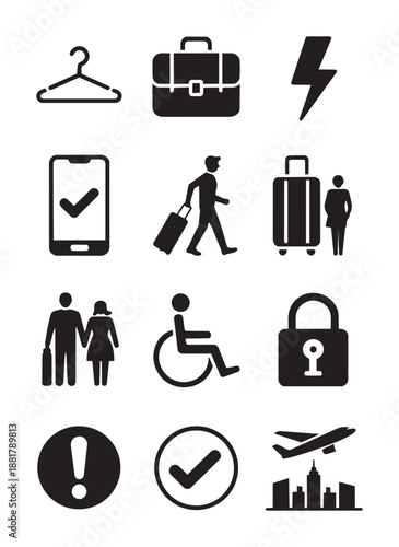 Black and white travel including luggage phone and cityscape