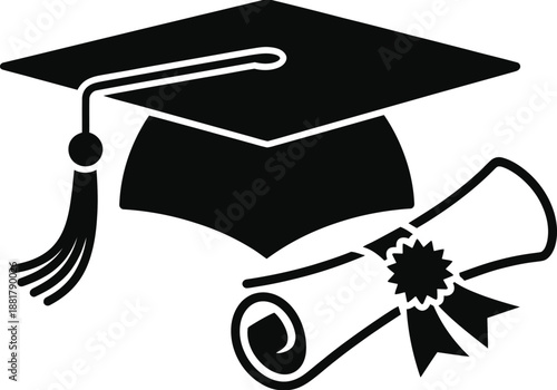 Black graduation cap and rolled diploma with tassel and ribbon