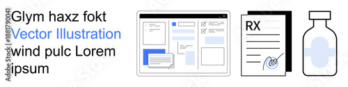 Healthcare platforms, e-prescriptions, pharmacy services, medication management, digital medicine, healthcare communication. Electronic forms, RX document and a vial. E-prescriptions and pharmacy