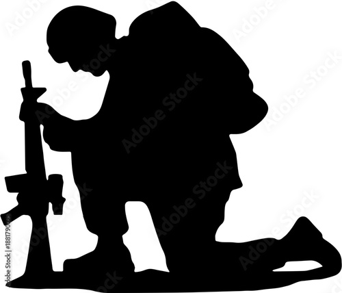 Silhouette of a Kneeling Soldier with Rifle and Backpack in Tactical Gear Isolated on White Background