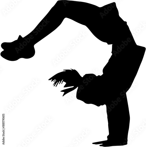 Silhouette of a Flexible Female Gymnast Performing a Handstand Pose Isolated on White Background