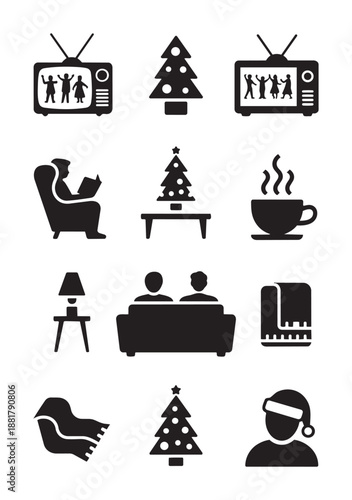 Black and white of people watching tv and celebrating christmas tree sofa