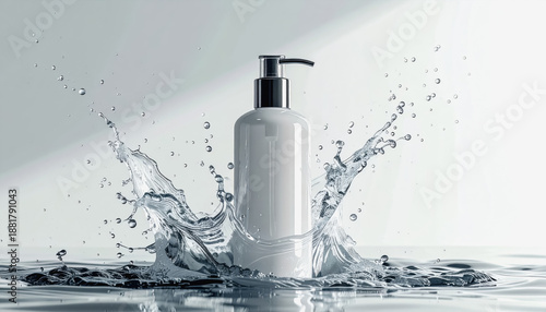 White cosmetic pump bottle with dynamic water splash and droplets, clean and refreshing product photography