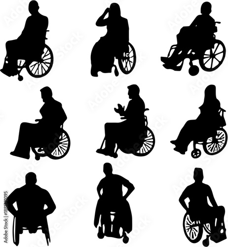 Large Set of Diverse People Silhouettes Using Wheelchairs Isolated on White Background