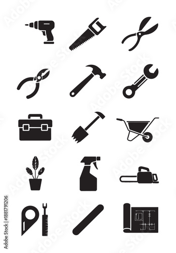 Black and white of various gardening and construction tools and equipment drill scissors