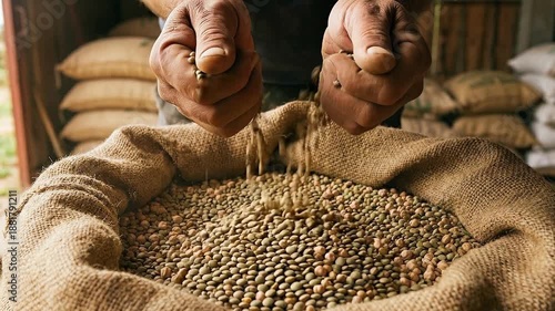 Farmer hands pouring raw lentils into a burlap sack. Close-up of organic legumes falling from hands in slow motion. Agriculture and healthy vegetarian food concept