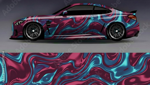 Luxury sports car with a vibrant, abstract liquid swirl vinyl wrap design in magenta and teal colors.