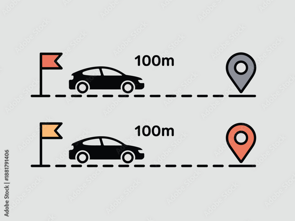 Fototapeta premium Black cars dashed lines with flags and location pins indicating 100m distance vehicle