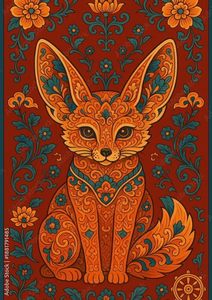 Obraz premium Intricate fox floral design wallpaper.