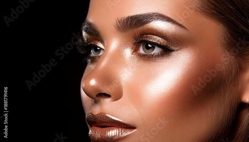 Luxury Glam Makeup Close-Up Featuring Metallic Skin Glow