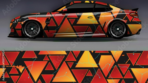 Sporty car with a vibrant geometric triangle pattern vinyl wrap design in fiery colors, showcasing a dynamic and modern aesthetic.
