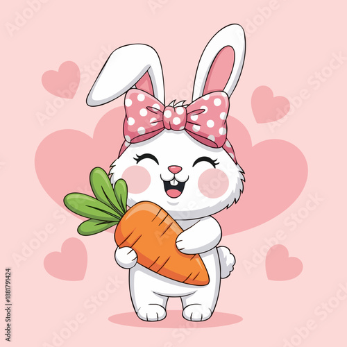 Adorable white cartoon bunny character happily hugging a large fresh orange carrot illustration