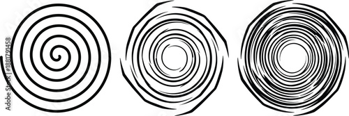 Black ink spiral with varying line thickness and edge detail swirl white