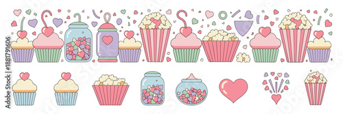 Pastel Valentine snack party elements with cupcake and candy icons