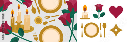 Elegant Valentine dinner party elements and icons on white background