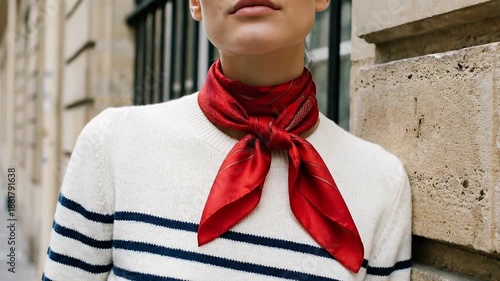 Woman wearing a striped marinière sweater and red silk scarf. Close-up of classic Parisian fashion style outdoors. Concept for International Francophonie Day