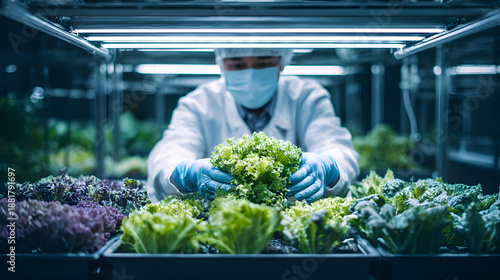 Hydroponic Lettuce Harvested by Technician in Lab