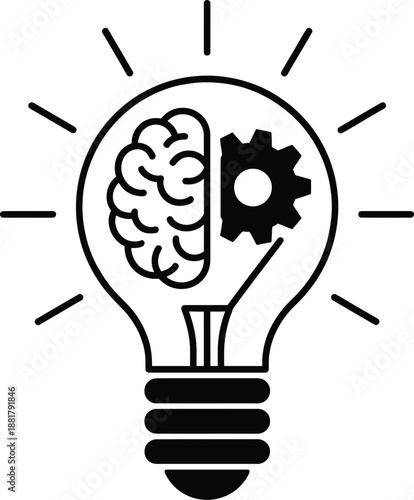 Black line lightbulb with brain and gear inside