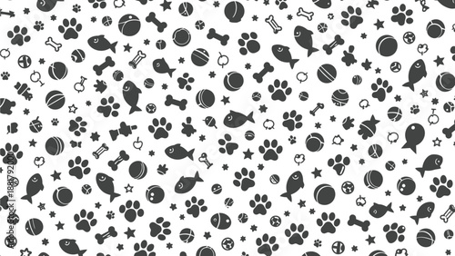 Seamless pattern featuring various dark gray silhouettes of dog toys like bones, paws, fish, and balls