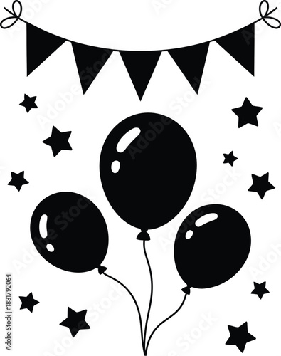 Black silhouette of party balloons and bunting flags with scattered stars