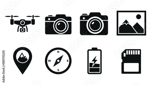 Collection of black and white vector icons representing drone photography navigation, battery, and memory storage technology