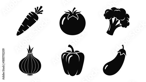 Collection of six different black silhouette icons representing various common vegetables for culinary design projects