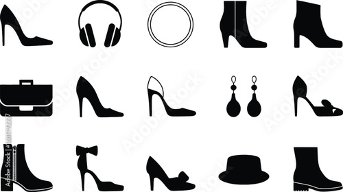 Black silhouettes of fashion accessories and clothing boots briefcase