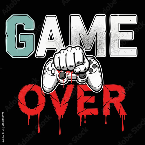 Stylized graphic design emphatically communicates the classic video game phrase game over with a clenched fist holding a controller