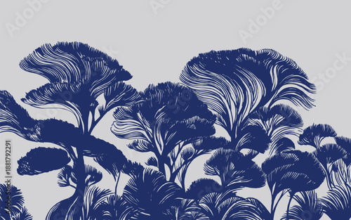 Moody indigo blue forest with distorted, wavy tree silhouettes. Hand-drawn linework creates a textured, Japanese-inspired botanical background. Elegant and sophisticated art style.