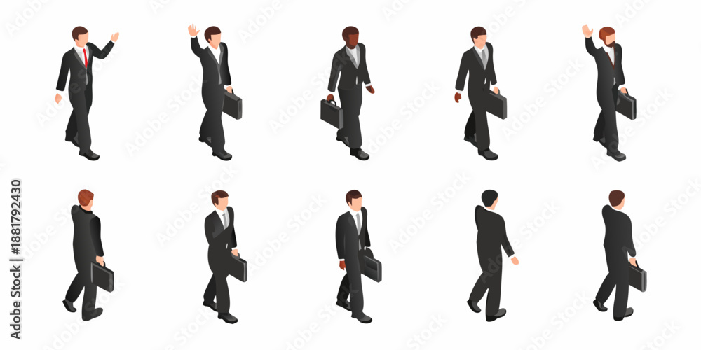 Fototapeta premium Isometric illustration of diverse businessmen walking with briefcases in various poses